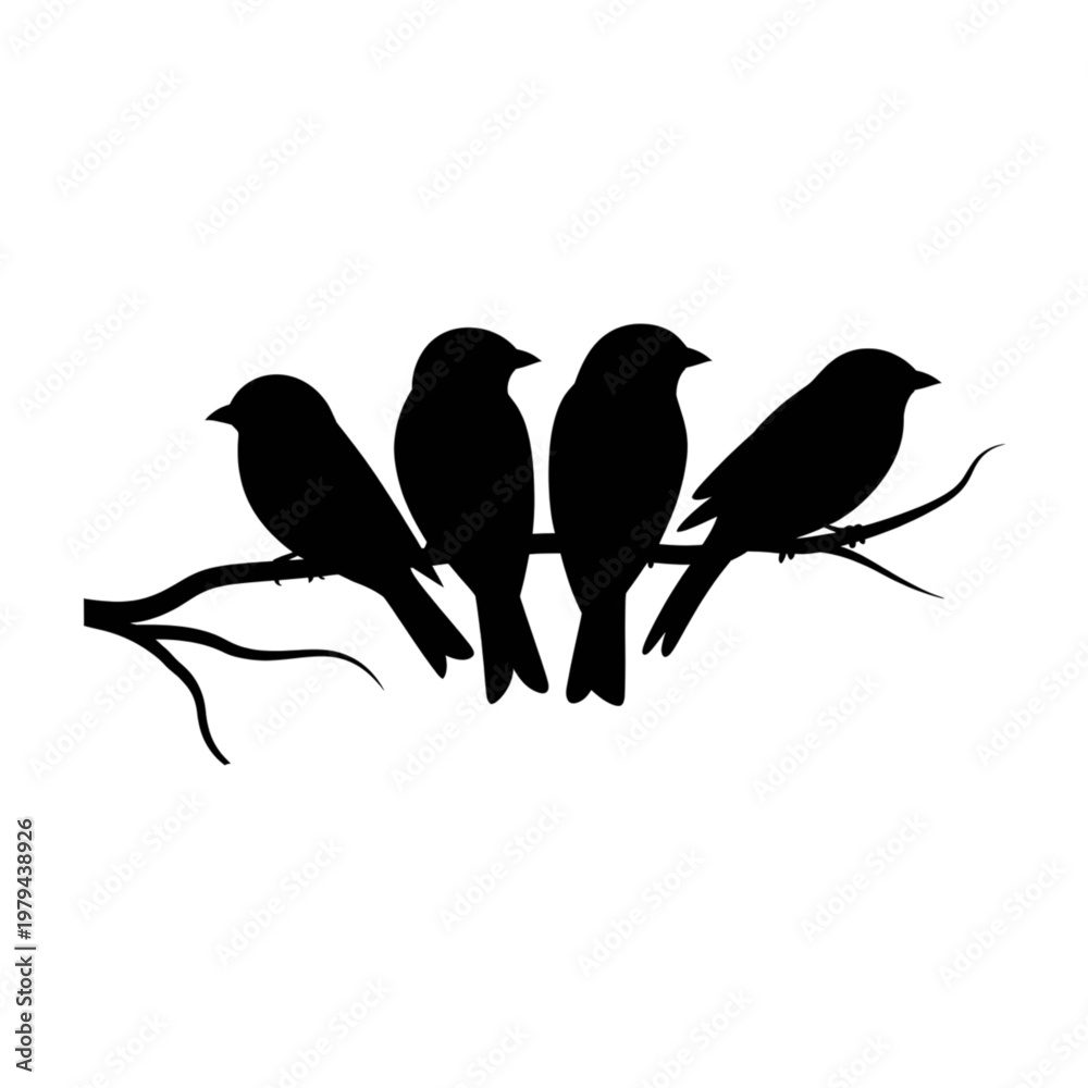 Fototapeta premium Four birds silhouette sitting on tree branch vector, wildlife nature illustration flock perched isolated on white