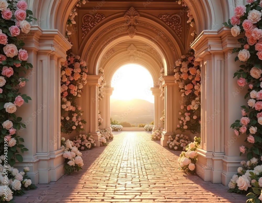 Fototapeta premium Elegant archway lined with roses leads to sunlit landscape. Stone pathway and ornate pillars create romantic scene. Perfect for weddings or fantasy settings.