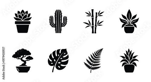 Minimalist houseplant icon set, black silhouette botanical vector elements, collection of 8 potted plants and tropical leaves for web design