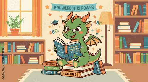 Cute cartoon dragon with glasses reading books in a library, symbolizing education, knowledge, and learning.