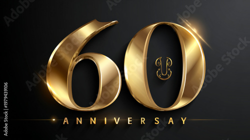 60th Anniversary luxury gold celebration with Curved text under numbers logo typography vector design concept. Sixty years anniversary gold template for business, celebration event, card, invention.