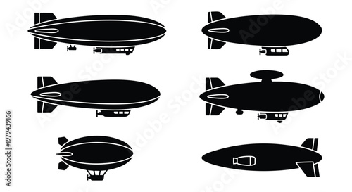Vintage airship silhouette collection, 6 black dirigible and zeppelin vector icons, retro flying blimp transport set for travel design