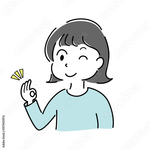ウインクしてOKをする女性 シンプル イラスト 承認 説明 ポイント 人物 ベクター / Woman blinking giving OK hand sign simple illustration guide explanation character vector