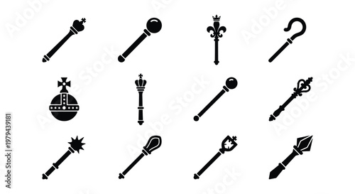 Royal scepter and mace icon set, 12 black silhouette regalia vector elements, medieval monarch staff and sovereign orb symbols for heraldry