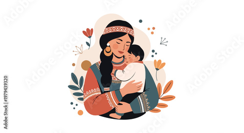 A mother tenderly hugs her daughter in a warm floral setting on International Mothers Day with a lovely family atmosphere