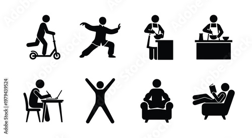 Lifestyle stick figure icons set, 8 black silhouette people symbols, daily routine activities including cooking, working, exercising and relaxing
