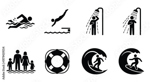 Swimming and water safety icon set, black silhouette pictograms of surfing and diving, 8 vector elements for beach and pool signage