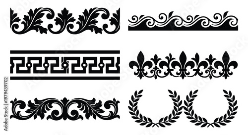 Vintage ornamental border set with 6 vector elements, classical greek key and floral acanthus patterns, black filigree dividers and laurel wreaths