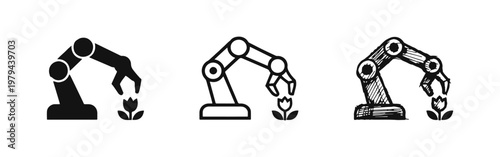 Smart farming icon, robotic arm and plant symbol