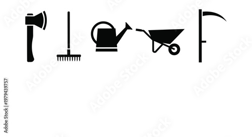 Black vector graphic illustration showing essential gardening tools for seasonal maintenance and outdoor farm work