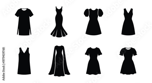 Minimalist black dress silhouettes, set of 8 female fashion icons, elegant evening gown and casual dress vector collection for retail and design