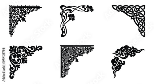 Vintage decorative corner borders set, 6 black floral and celtic frame elements, ornate victorian filigree and art nouveau corner ornaments for invitations