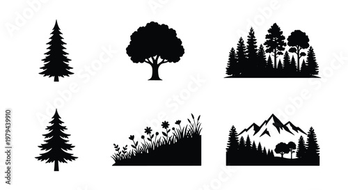 Canvastavla Black forest silhouette icons set, pine tree and mountain landscape vectors, min