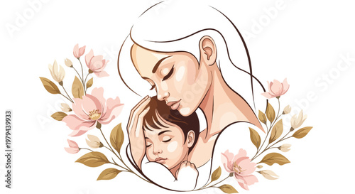 Lovely mother and daughter embracing, surrounded by flowers for International Mothers Day, a heartwarming family moment
