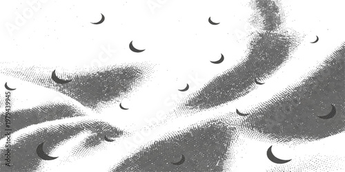 Abstract, an artistic illustration showcases a celestial theme, featuring a multitude of crescent moons floating across a serene and artistic sky. The image evokes a sense of tranquility, dream.