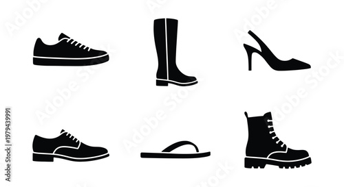 Footwear icon set with 6 black silhouettes, casual sneakers and formal dress shoes, winter boots and summer flip flops, fashion apparel vector