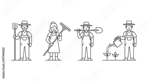 Vector illustration featuring various farmers working with garden tools on a clean white background area