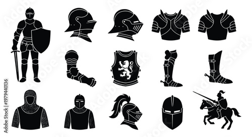 Medieval knight armor silhouettes, 14 black vector icons of warrior gear, ancient metal plate armor set, historical soldier equipment for gaming