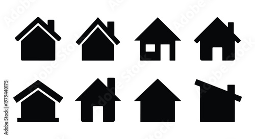 Minimalist house icon set, black silhouette home symbols for real estate, collection of 8 simple building vector elements for web design