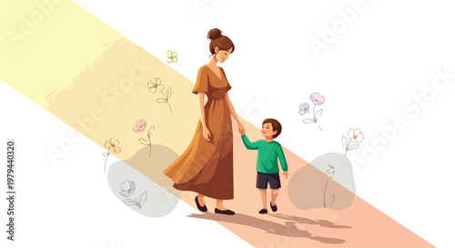 Lovely mother and daughter walking hand in hand on International Mothers Day, happy family moment