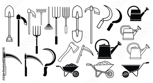 Collection of garden tools illustrated as a professional black and white vector graphic design set