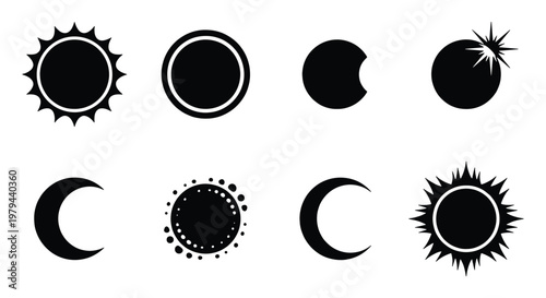 Solar eclipse phases and sun icons set, black celestial silhouettes of moon cycles, 8 vector astronomical elements for science and astrology