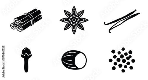 Aromatic baking spices vector icon set, black silhouettes of cinnamon sticks and star anise, vanilla pods and nutmeg illustrations for culinary design