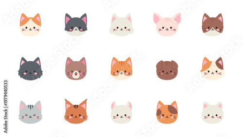 Collection of cute kawaii cat face icons in warm color tones and variety of breeds