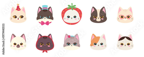Collection of cute kawaii cat faces wearing costumes and accessories including party hat bow and strawberry