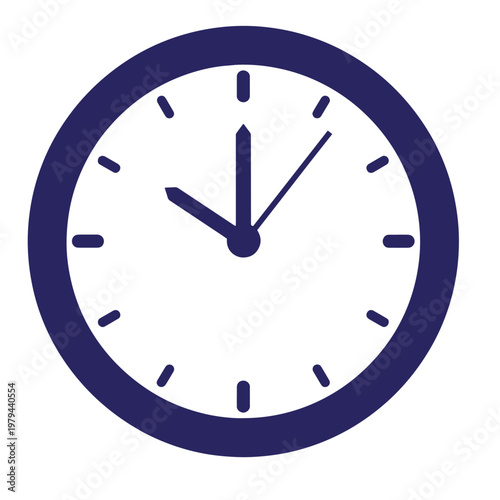 Dark blue clock with white face, hour and minute hands time