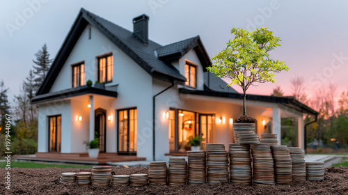 Real Estate Investment Concept with House and Growing Money Stack for Property Wealth