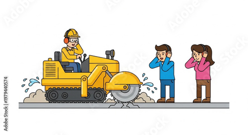 Construction worker operating heavy machinery on road with people covering ears.