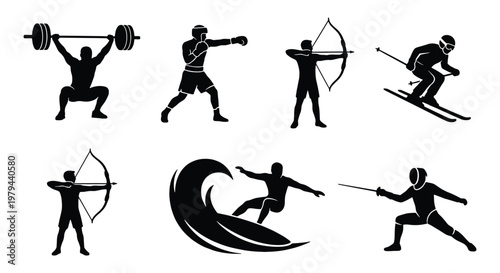 Athletic sports silhouette set, black vector icons of weightlifting boxing archery skiing surfing and fencing, professional athlete competition symbols