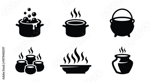 Cooking pot icons set, black cauldron and boiling soup vector silhouettes, 6 kitchenware elements with steam and bubbles for culinary design