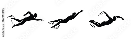 Minimalist swimmer silhouettes set, black swimming athlete icons in motion, professional swimmer vector graphics for sports branding