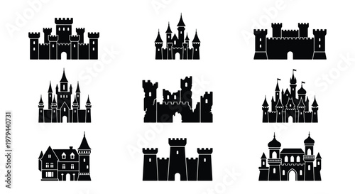Medieval castle silhouettes set, 9 black fortress icons, ancient kingdom palace vector elements, royal citadel and stronghold graphics for gaming