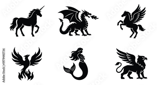 Mythical creatures silhouette set, 6 fantasy animal icons including dragon and unicorn, heraldic beast vector collection for logo design