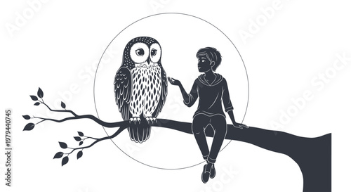 Child sitting on tree branch with owl under full moon
