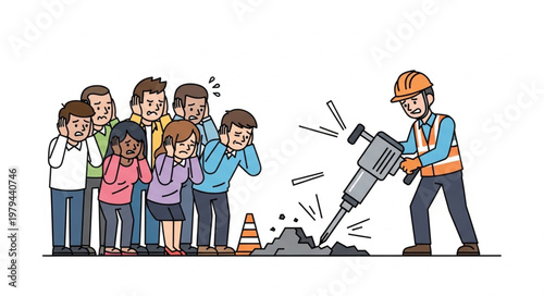 Construction worker operating jackhammer startling onlookers.