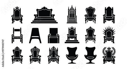 Royal throne silhouette icons set, 15 medieval king chair vector elements, antique furniture and luxury armchair symbols for gaming and heraldry