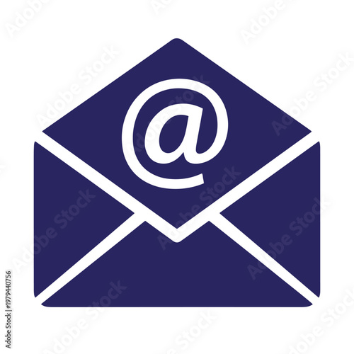 Dark blue envelope with white at sign on a white background, email symbol