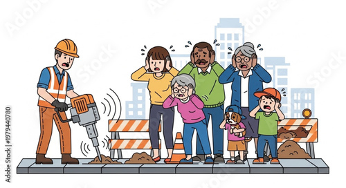 Construction worker operating jackhammer disturbing people with loud noise.