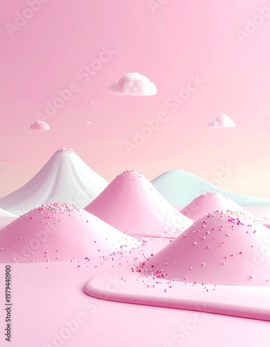 Abstract Surreal Pink Landscape with 3D Candy Mountain Background