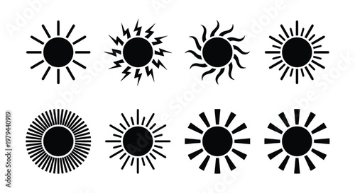 Minimalist sun icon set, black solar symbols collection, 8 vector sunburst elements for weather forecasting and summer branding designs