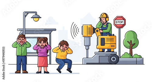 Construction worker operating noisy jackhammer disturbing pedestrians.