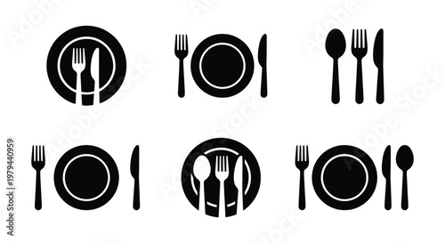 Minimalist restaurant icons set, black cutlery and plate silhouettes, flat vector dinnerware symbols for menu design and food service branding