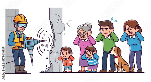 Construction worker using jackhammer disturbing family and dog.