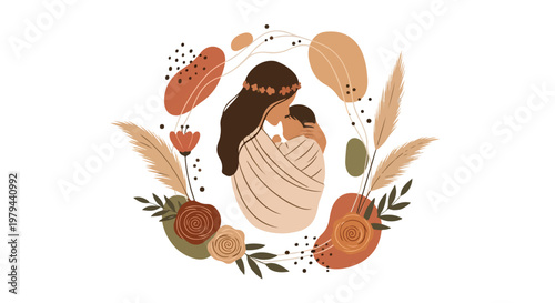 Lovely mother and daughter embracing surrounded by flowers and leaves on International Mothers Day celebrating family