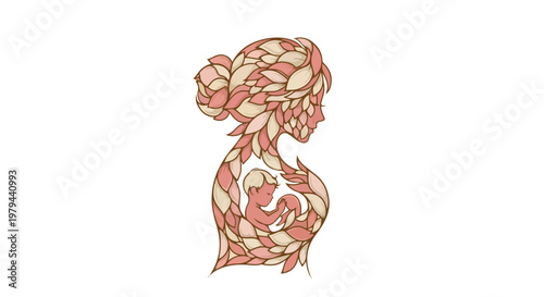 Lovely mother and daughter embracing in a beautiful floral illustration for International Mothers Day