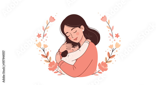 Lovely mother and daughter embracing on international mothers day with a floral background